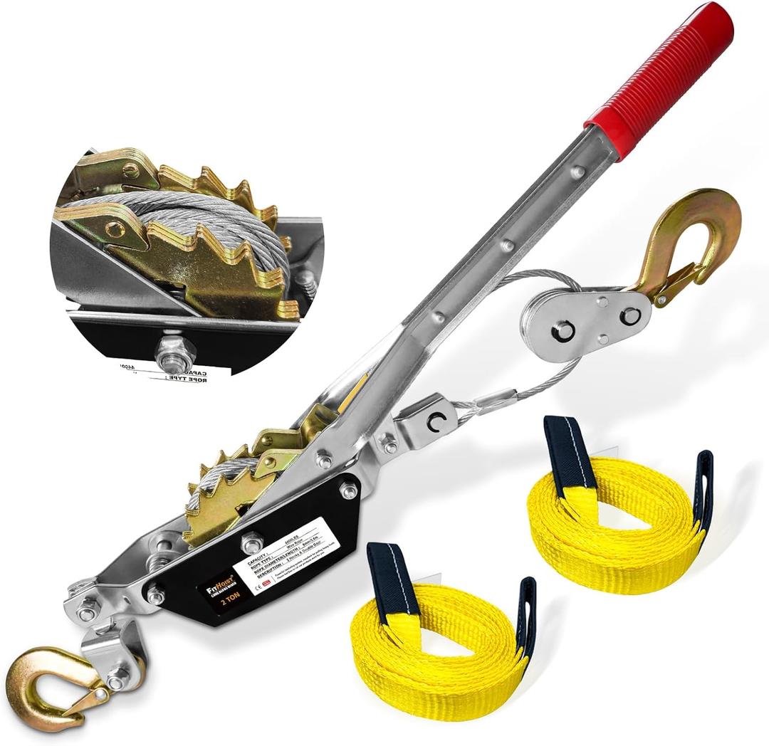 Come Along Winch 2T, Pulling Capacity 12 FT Steel Cable 2 Hooks, with Two 1"x8FT Lifting Straps, Heavy Duty Come Along Tool with Dual Gears, Heavy Duty Hoist Cable Puller for Vehicle Rescue, 2Ton+2 Slings