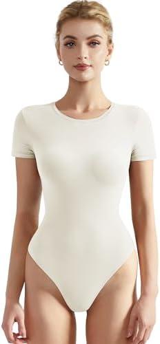 SUUKSESS Women Crew Neck Short Sleeve Thong Bodysuit Shirts Basic Top, S