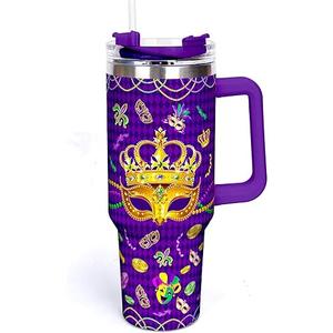 TheMogan 30 oz Tumbler with Handle and Flip Straw, Stainless Steel Vacuum Insulated Water Bottle Travel Mug Thermal Cup Mirror Mardi Gras