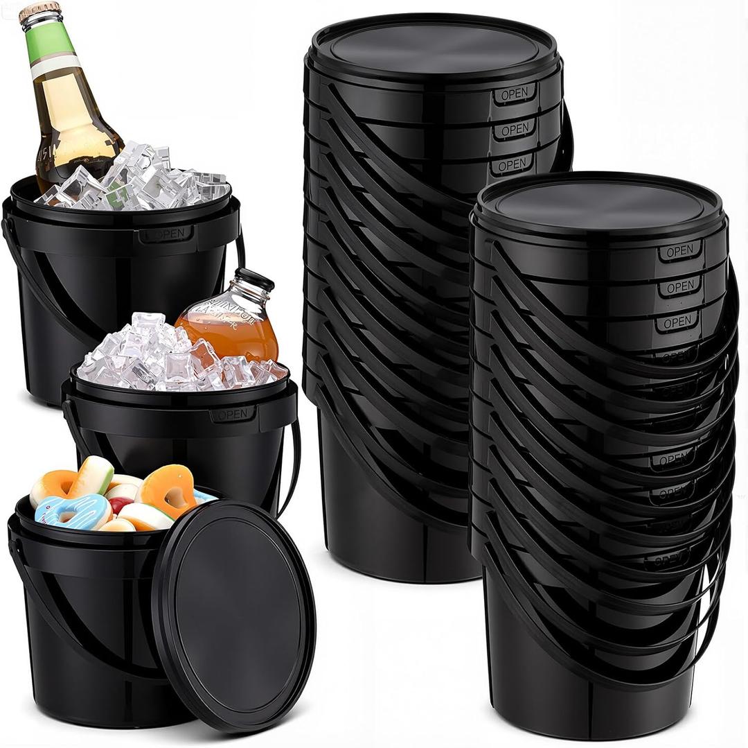 Funnymoom 20 Pack 48 oz Black Buckets with Lid and Handle Plastic Food Storage Containers Round Plastic Pails Freezer and Microwave Safe for Food