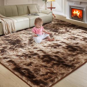 Ultra Soft Rug for Living Room, 8X10 Tie-Dyed Coffee Fluffy Shag Area Rug for Bedroom, Modern Shaggy Carpets Fuzzy Rug for Teens Dorm Nursery Home Decor Aesthetic, Upgrade Anti-Skid Durable