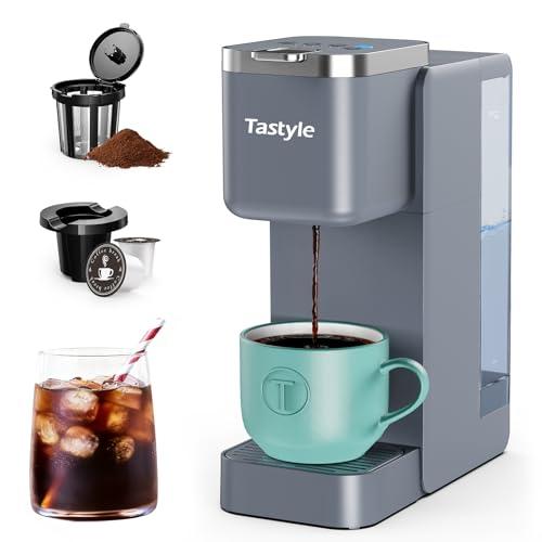Tastyle Single Serve Coffee Maker, Iced and Hot Coffee Machine for K Cup & Grounds, Compact Design, 40oz Removable Water Reservoir, 6 to 24 Oz Brew Sizes, Fits 7.3" Travel Mug, Gray