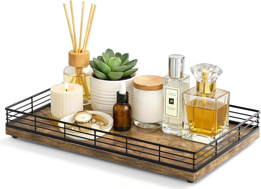 Large Bathroom Vanity Tray  13" x 8" Decorative Wooden Tray for Bathroom Countertop & Vanity Organizer, Wood Tray for Perfume, Skincare Accessories Storage, Vanity Dresser Decor Black & Rustic Brown