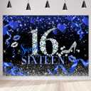 Sensfun Blue and Silver Sweet 16 Birthday Backdrop Glitter Bokeh Hearts Sweet Sixteen Background Princess Girls 16th Birthday Party Decorations Cake Table Banner 7x5ft