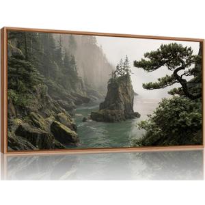Rantodecor Coastal Forest Framed Canvas Wall Art, Pacific Northwest Coast landscape Wall Decor, Nature PNW Mountain Sea Art Paintings, Sage Green Pine Artwork for Bedroom Living Room Office 40"x20"