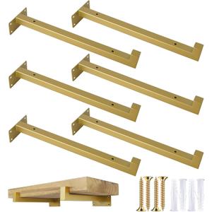 OVOV 6 Pack Gold Shelf Brackets 12 Inch Floating Shelf Bracket with Lip Industrial Shelving Brackets for Kitchen Bathroom Storage Wall Mounted Shelf Support with Screws