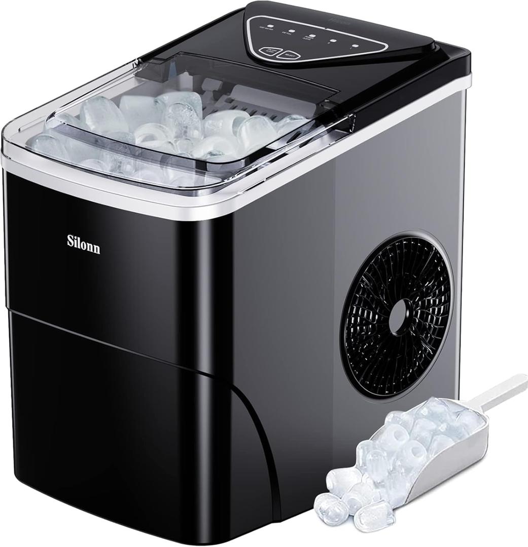 Silonn Ice Maker Countertop, 9 Cubes Ready in 6 Mins, 26lbs in 24Hrs, Self-Cleaning Ice Machine with Ice Scoop and Basket, 2 Sizes of Bullet Ice for Home Kitchen Office Bar Party (Black-Transparent)
