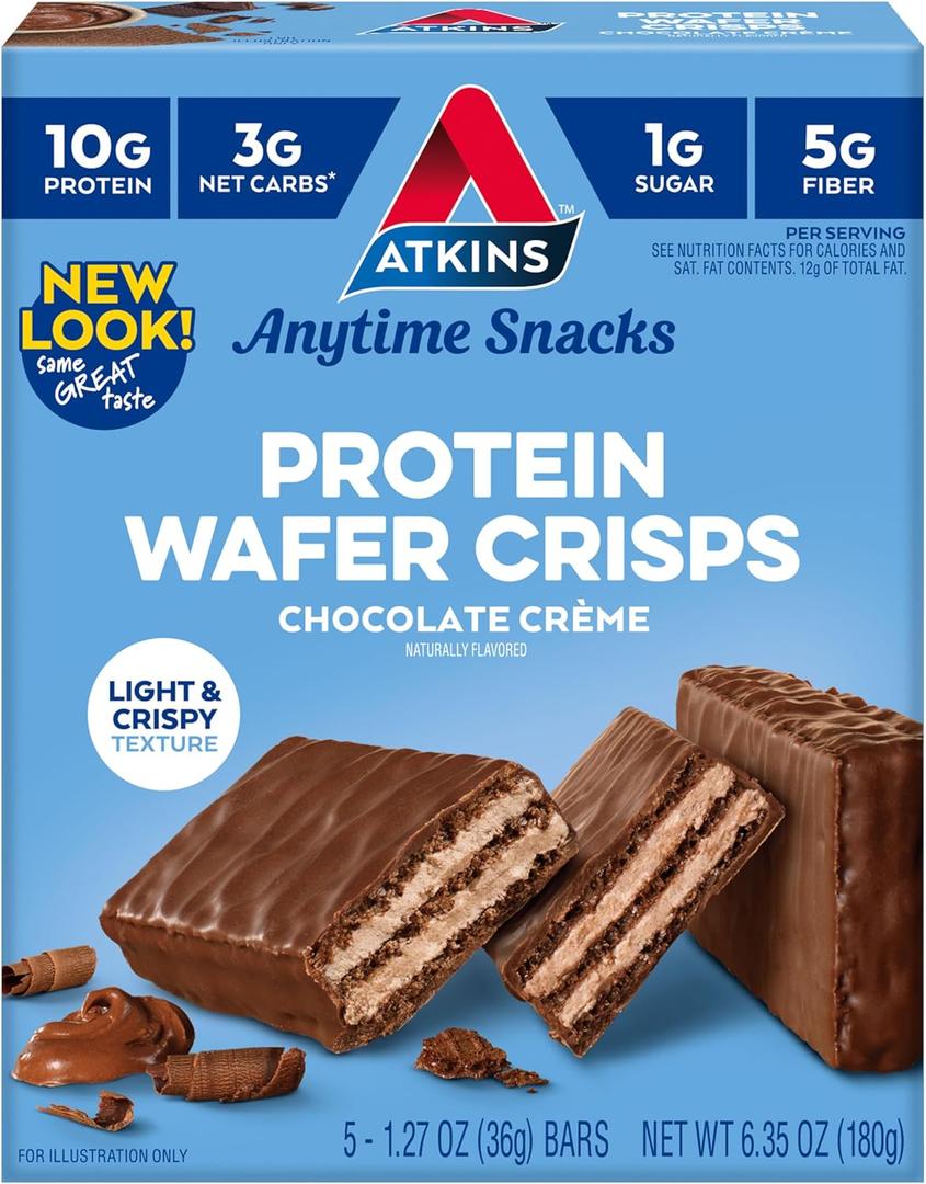 Atkins Chocolate Crme Protein Wafer Crisps, Protein Dessert, 4g Net Carb, 1g Sugar, High in Fiber, Keto Friendly, 5 Count, Best Buy Before: 08/07/2025