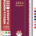 2026 Planner, Weekly and Monthly Calendar Planner, January 2026 - December 2026, Hardcover 2026 Calendar Book with Tabs For Women & Men, Inner Pocket, Spiral Bound, Perfect for Office Home School Supplies - A4 (8.5" x 11"), Crabberry Red