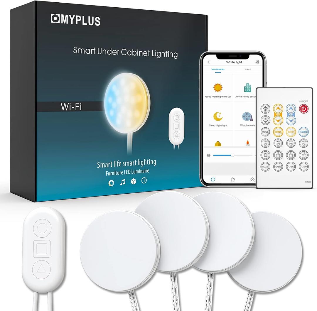 MYPLUS Smart Under Cabinet Lights, Dimmable Puck Lights Compatible with Alexa and Google Home,WIFI Controlled Adjustable Color Temperatures and Smart CCT LED Light Fixture(2.75 inch-4PCS)