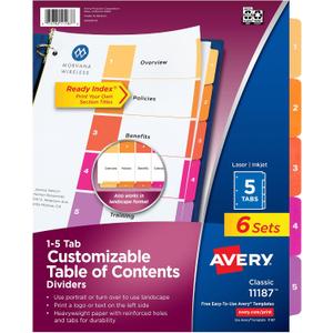 2 x Avery 5 Tab Dividers for 3 Ring Binders, Customizable Table of Contents, Multicolor Tabs, 6 Sets (11187)