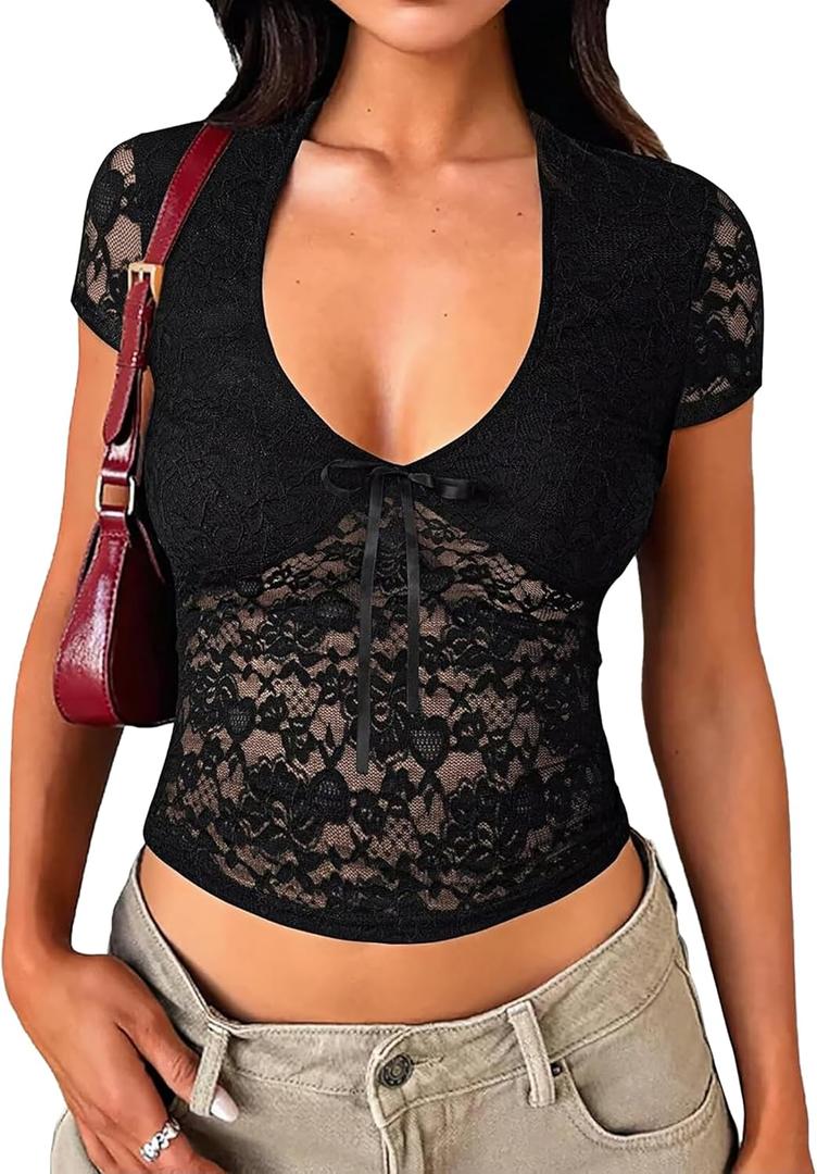 Womens Lace Tops Going Out Summer Short Sleeve V Neck Mesh Sheer Crop Shirts Cute Y2K Trendy Outfits 2026 (Black, L)