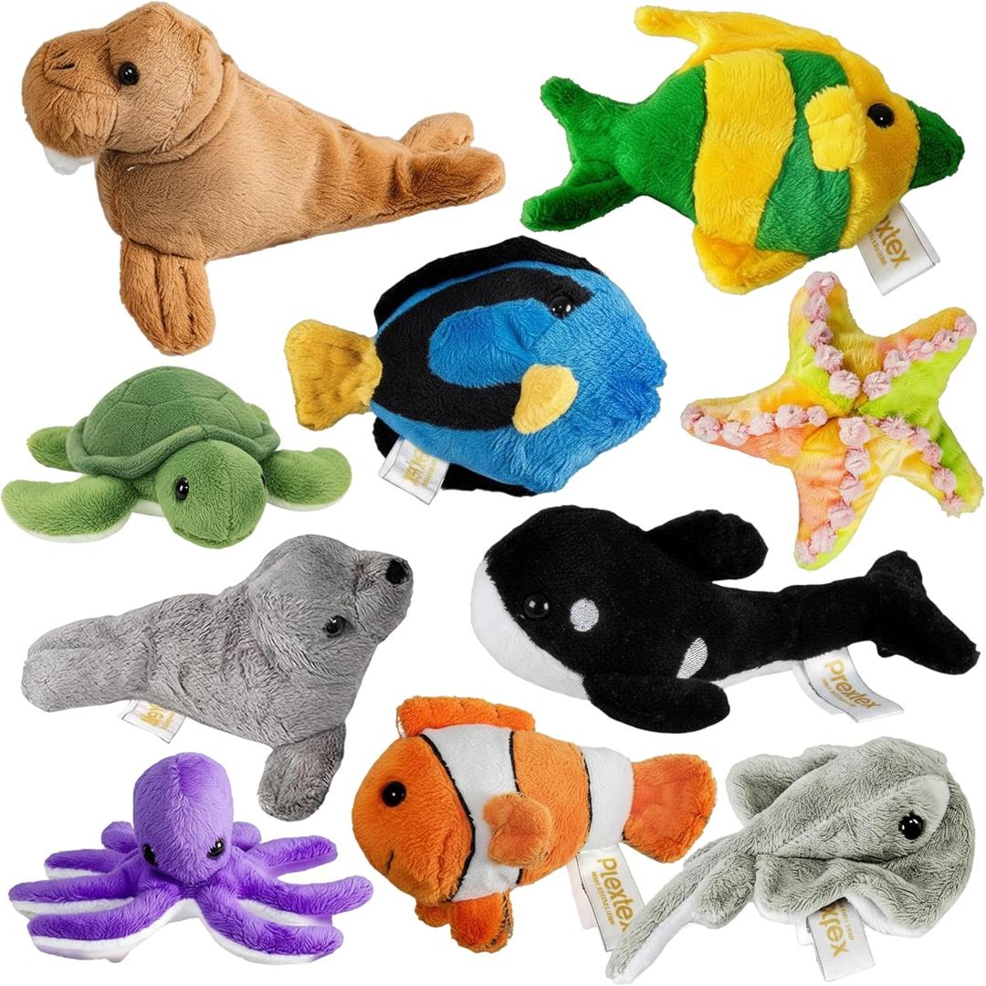 PREXTEX 10 Piece Plush Soft Stuffed Sea Animals - Small Stuffed Animals Bulk - Playset Plush Assortment, Turtle, Stingray, Nemo Fish, Killer Whale and More - Bulk Stuffed Animals