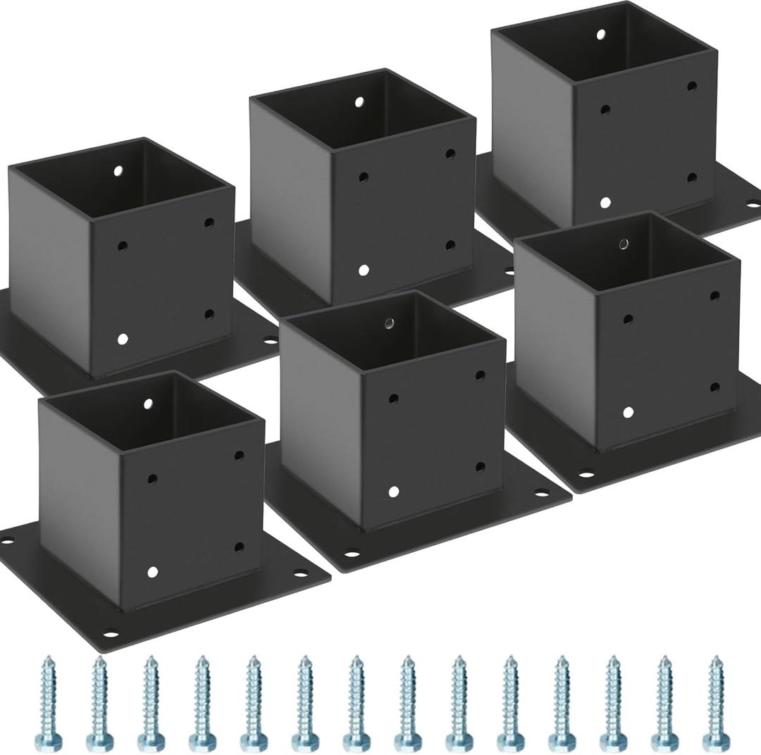 4x4 Post Base 6 Pcs, Black Powder Coated Steel Fence Post Anchor Base, Supports Porch Railing Post Holders Pergola Brackets