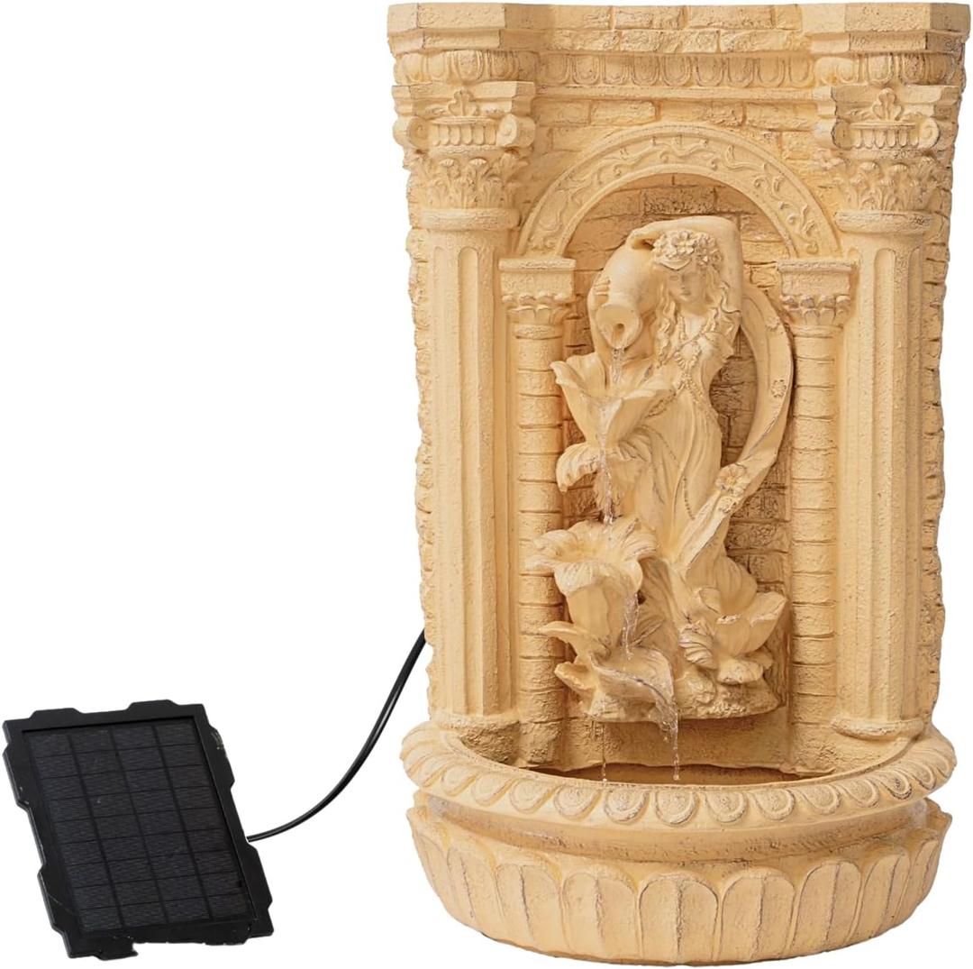 XBrand 30.3" Solar Pot Fountain, Tall Brown Maiden Holding Pot Wall Fountain, Outdoor Water Fountain, Polyresin