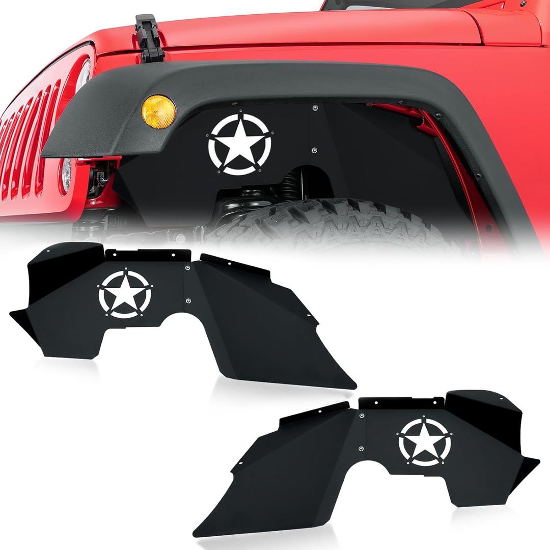 Front Inner Fender Liners Compatible with 2007-2018 Jeep Wrangler JK & JKU Unlimited Sport Sahara Rubicon, Bolt-on Style Mud Guards Steel Wheel Well Fenders Flares Cover (2/4 Doors)