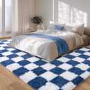 8x10 Checkered Area Rugs for Living Room Bedroom, Blue and Yellow Shag Fluffy Rug for Kids Room,Soft Non Slip Carpets Home Decor Aesthetic, Blue and White