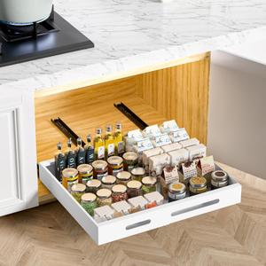 HBL' 1 Pack | 21" Deep Pull Out Cabinet Organizer Adhesive, (13.8" to 22.0") Width Expandable Sturdy Carbon Steel Roll-Out Drawers, Designed for Frameless Cabinets, Slide-Out Shelves for Pantry