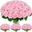 100 Pcs Pink Roses Artificial Flowers, Real Touch Velvet Roses Bouquet Fake Flowers Bulk, Artificial Roses with Long Stems for Birthday Gift Women Mom DIY Bridal Wedding Centerpiece Decorations