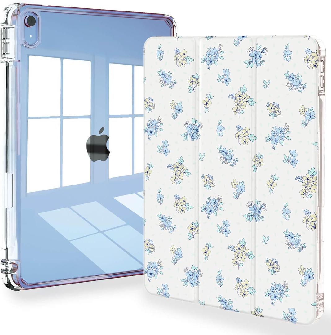Feams Case for iPad (A16) 11th Generation 11 Inch 2025, iPad 10th Generation 10.9 Inch 2022, Slim iPad A16 Case Clear Back Cover with Pencil Holder & Auto Sleep, Blue Blossom
