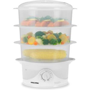 Kalorik Electric Food Steamer with Manual Controls 3-Tier with BPA Free Dishwasher Safe Baskets, 800 Watts and 60-Minute Timer Turbo Steam Feature and Easy Refill, 9-Quarts, White