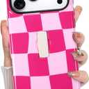 KANGHAR Compatible with iPhone 17 Pro Case, Silicone Checkered Cute Pattern, Finger Hold Wristband Kickstand Camera Protection Soft Slim Phone Case for Girls Women -Pink