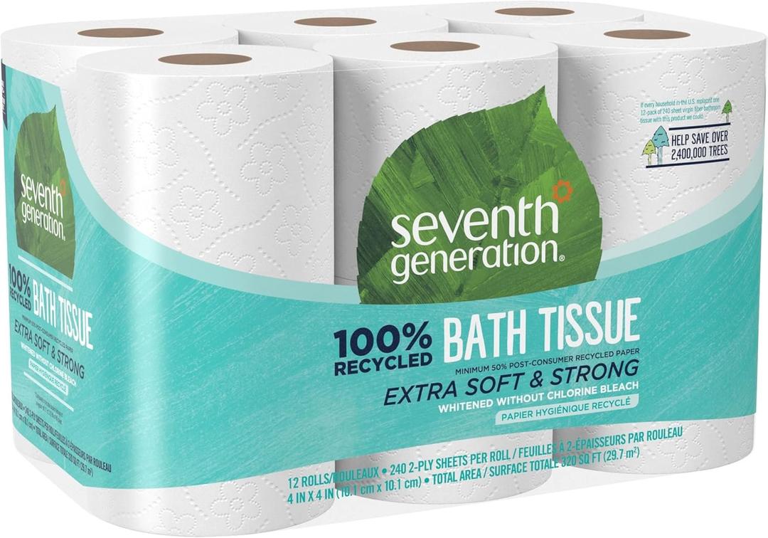 Seventh Generation Toilet Paper Recycled Bath Tissue 100% Recycled Paper 2-ply without Chlorine Bleach 12 Rolls