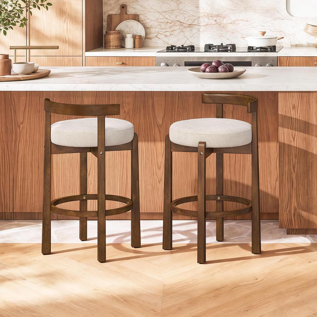 LUE BONA Counter Height Bar Stools Set of 2, 26" Linen Upholstered Low Back Bar Chairs with Rubberwood Frame, Round Seat & Footrest, Mid Century Kitchen Island Stools, Oat White-Walnut Color