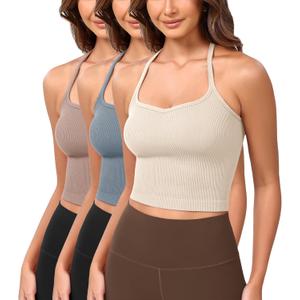 ODODOS Seamless Sweetheart Neck Crop Tank for Women, 3-Pack, Ivory+Dusty Blue+Sphinx, Medium-Large (M)