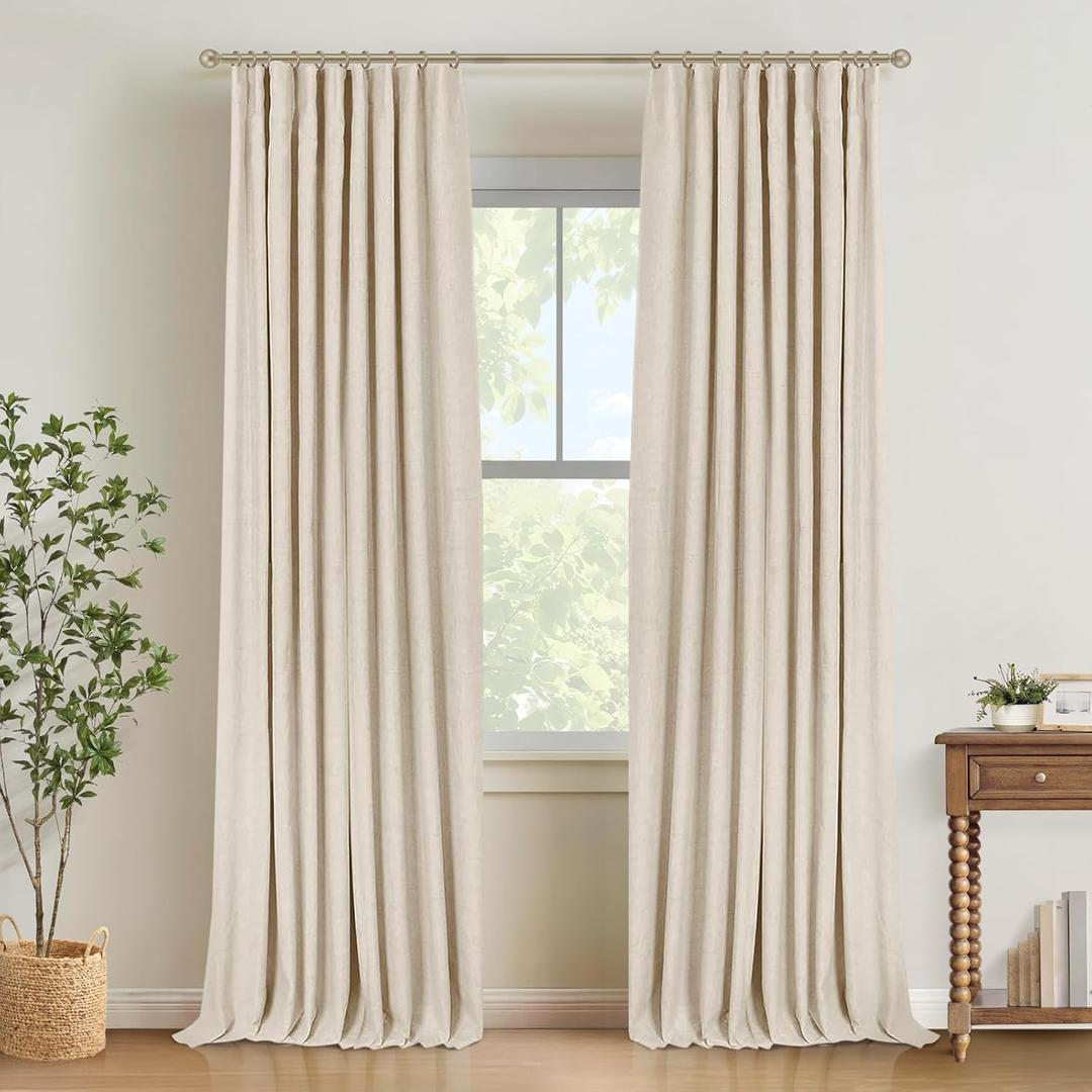 INOVADAY 100% Blackout Curtains for Bedroom, Black Out Curtains 84 Inch Long, Clip Rings Linen Blackout Drapes, Thermal Insulated Room Darkening for Living Room, 2 Panels - Cream,W50xL84