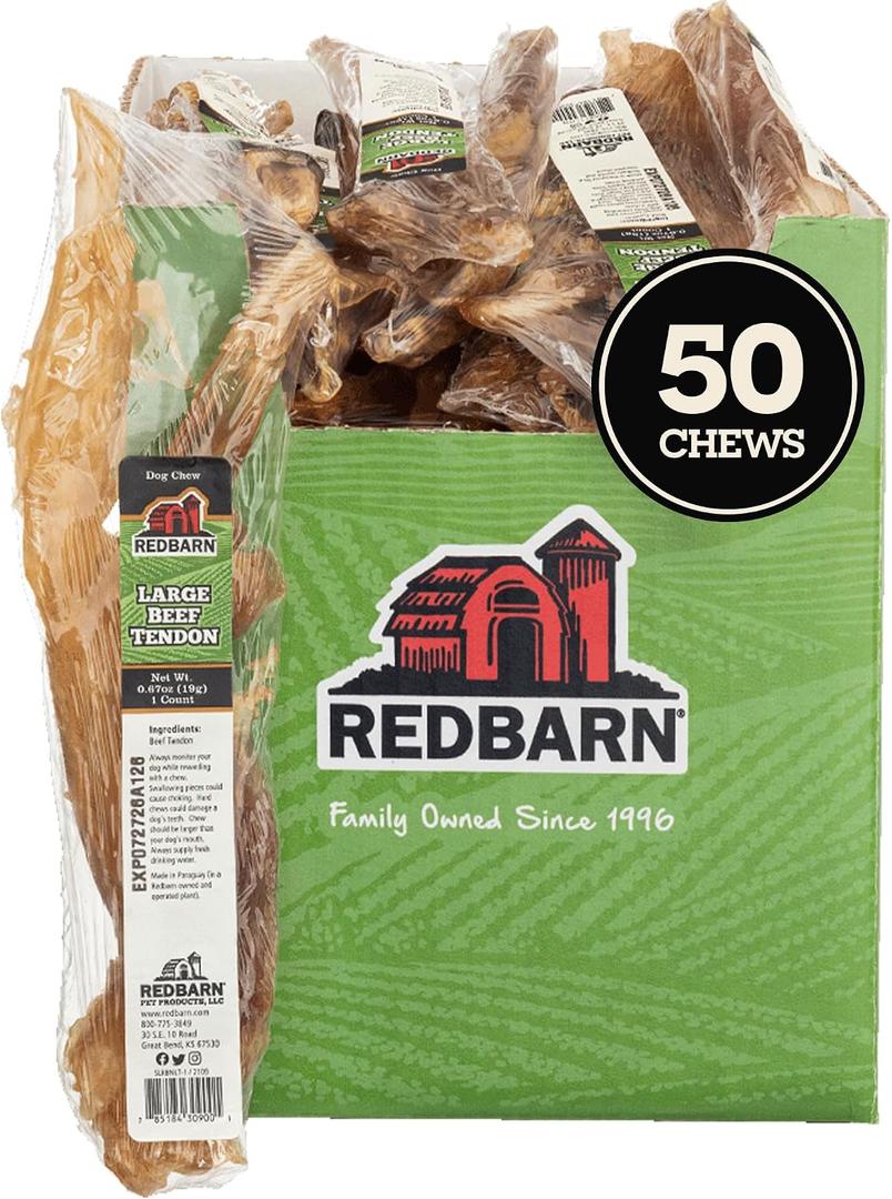 Redbarn Large Beef Tendons 50-Count Natural Long Lasting Dog Chews for Large Dogs - 9 in High Protein Dental Treats with No Additives, Preservatives or Chemicals Best 07/02/29