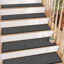 GOYLSER Jute Stair Carpet Treads Non Slip with Rubber Backed,15Pcs Indoor Black Stair Mats, Basement Safety Stick On Stair Rug Step Pads, 30"x8"