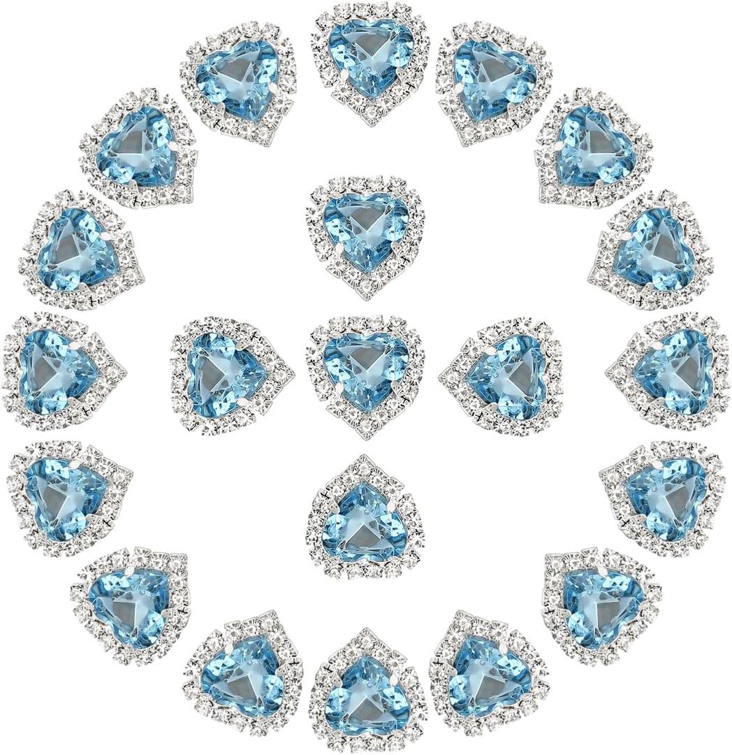 PATIKIL 30PCS Heart Rhinestones, Sew on Rhinestones Buttons Crystal Heart Nail Charm Embellishment Flatback Diamond for Sewing DIY Clothing Wedding, Light Blue