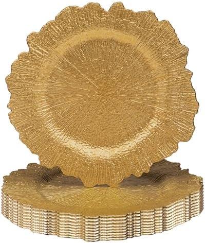 JEVERGN 10 Pack Gold Charger Plates, 13'' Reef Chargers for Dinner Plates, Gold Plate Chargers Set of 10, Round Plastic Charger for Wedding, Party Event, Dinner, Table Setting