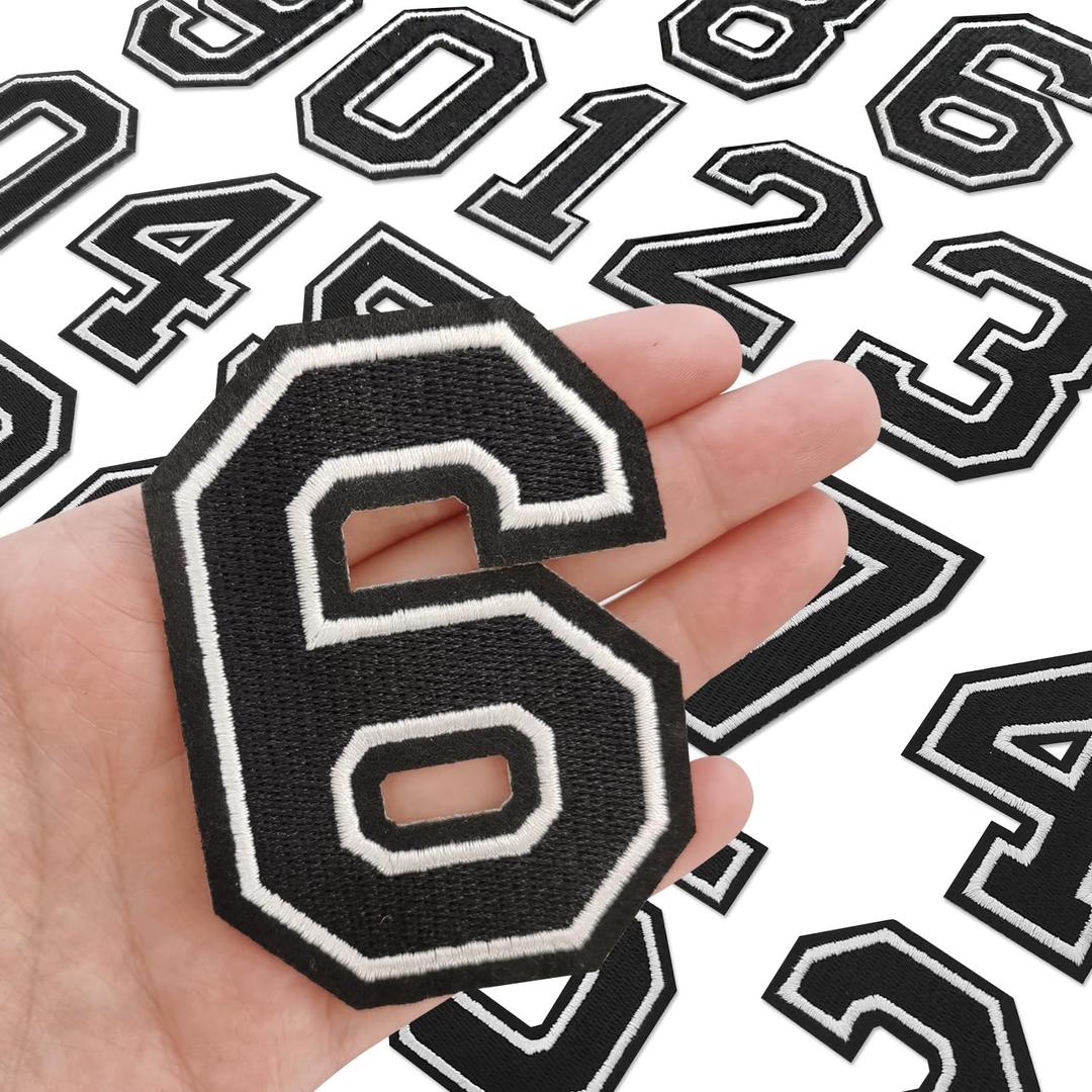 20pcs Iron on Number Patches, Fully Embroidery Varsity Numbers A-Z Patches for Clothing Jacket Backpacks Hat and More, 3.1" Black