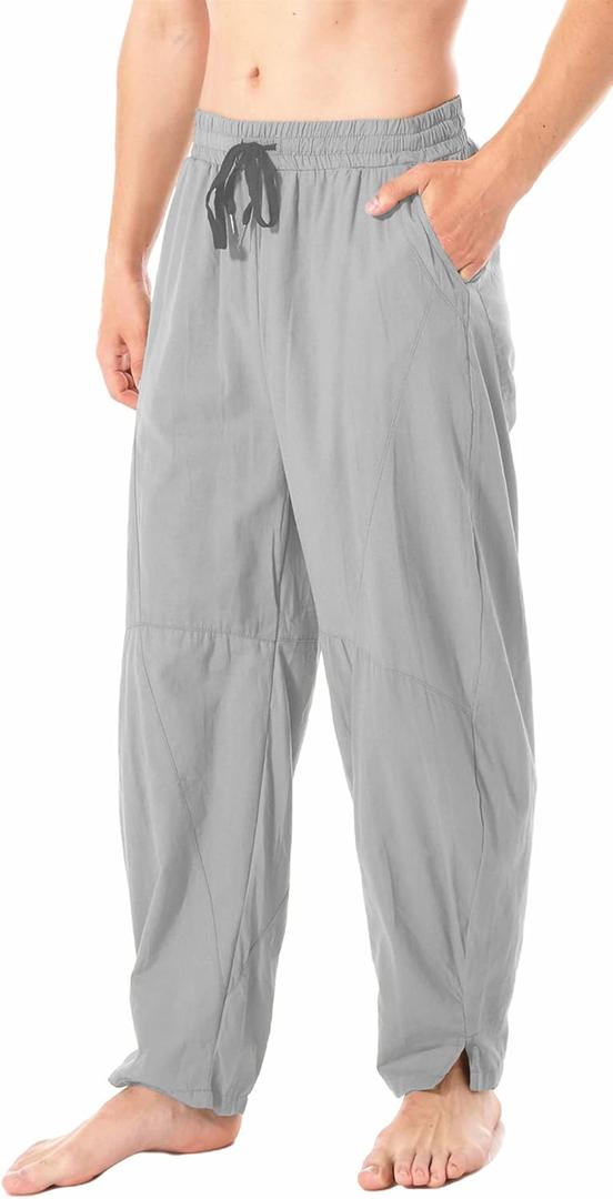 perdontoo Men's Linen Cotton Loose Fit Casual Lightweight Elastic Waist Summer Beach Pants (3X-Large, Grey)