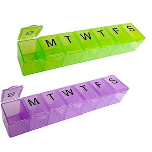 2 Pack Weekly (7-Day) Pill Organizer, 7 Days Pill Case Travel Daily Pill Box Portable Medicine Organizer and Planner with Compartment for Vitamins, Fish Oil, Supplements and Medication (Green&Purple)