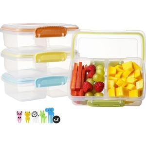 4 Pack Plastic Snack Containers with Lids, 2 Compartment Food Container for Kids Snack Box, Travel Bento Lunch Containers with forks for Fruits/Candies, Divided Food Storage Containers for School (Yellow)