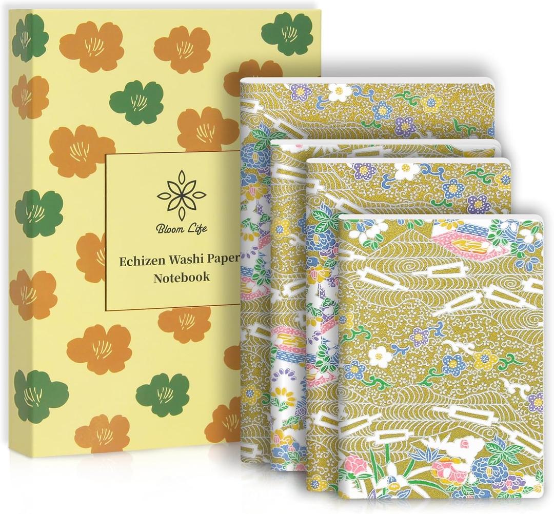4-Pack Washi Journals, Blank Notebooks, 80g Paper, 60 Pages Each, Bookmark Included, Perfect Japanese Notebook, Gift Set, Durable Paper for Daily Use-4 Different Sizes (Gold river)