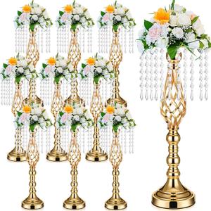 Unittype 9 Pcs Gold Wedding Centerpieces for Table Gold Crystal Flower Stand 19.3 inch Tall Vase with Chandelier Metal Flower Holders for Wedding Party Reception Dinner Tabletop Decorations
