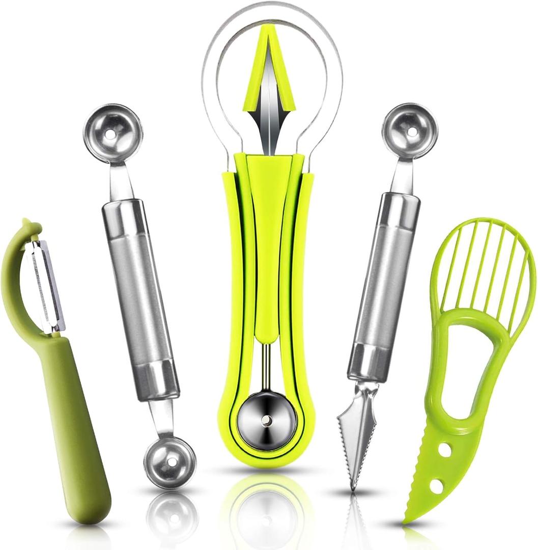 5Pcs Melon Baller Scoop Set, 4 in 1 Stainless Steel Fruit Scooper Seed Remover Cutter, Double Sided Melon Baller Spoon, Avocado Cutter, Watermelon Carving Knife for Dig Pulp Separator Fruit Slicer