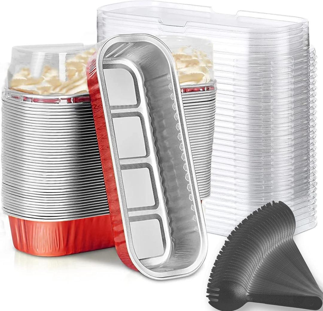 Findful Mini Loaf Baking Pans with Lids and Spoons (50 Pack, 6.8oz) Rectangle Aluminum Foil Baking Pans Tins Containers - Cupcake Containers Wrappers Cheesecake Creme Brulee Ramekins (Red)
