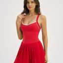 QINSEN Womens V Neck Pleated Tennis Dresses Built in Shorts Cross Back Sleeveless Athletic Dress with Pockets (Red, L)