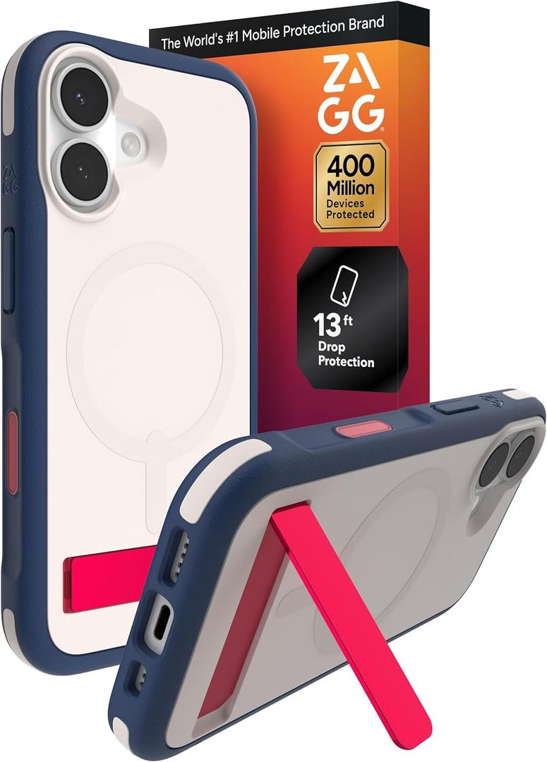 ZAGG Sedona Snap Case with Kickstand for iPhone 17 - Red Light & Blue, Drop Protection (13ft/4m), Multi-Layer Protection, with Camera Button, MagSafe Phone Case with Impact-Absorbing Bumpers