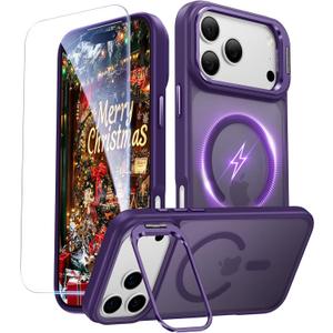 for iPhone 17 Pro Max Case with Stash Lens Stand and 9H Screen Protector, Compatible with MagSafe, Military-Grade Drop Protection Phone Case for iPhone 17 Pro Max, 360 Full Protection, Purple