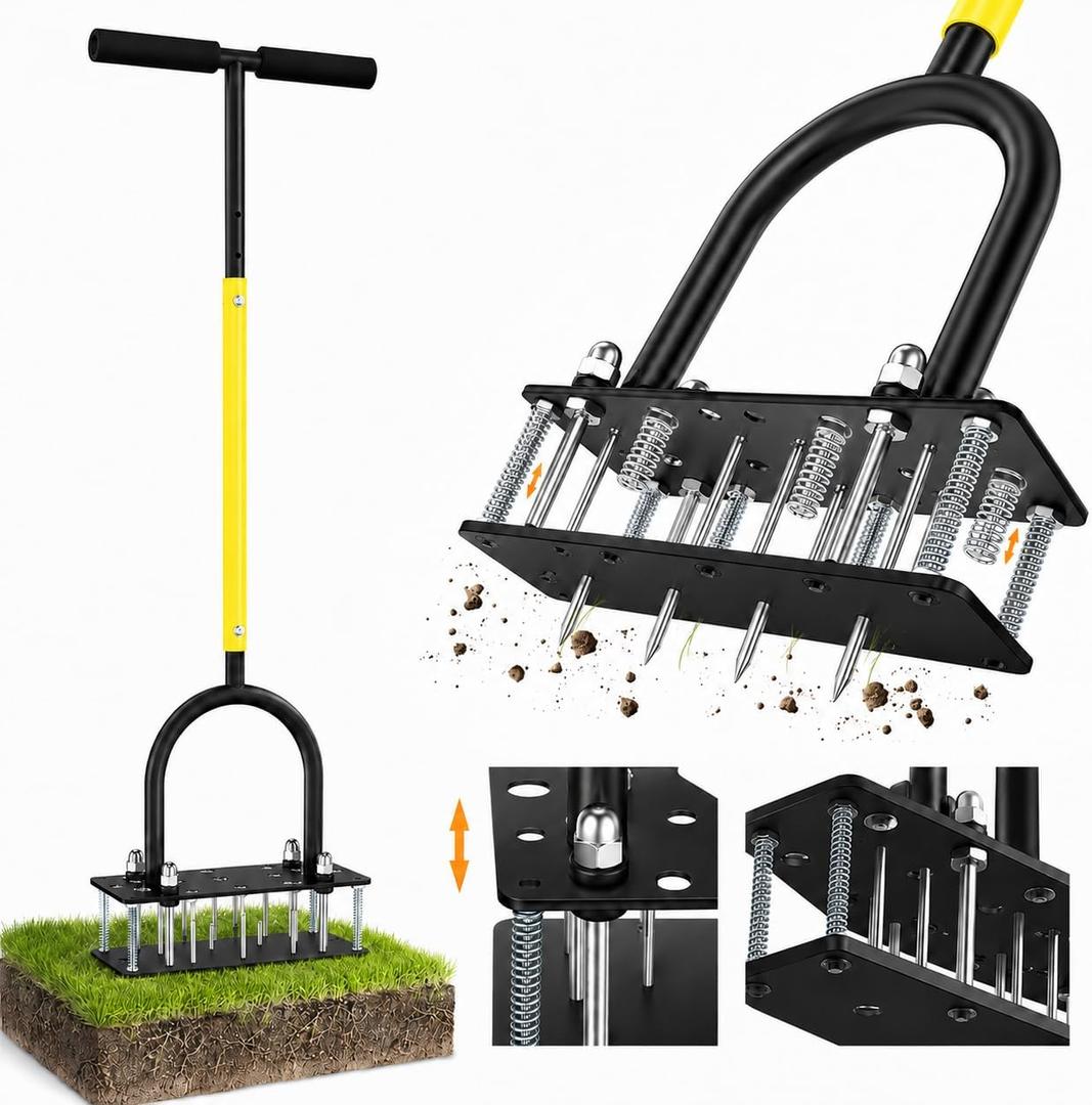 Aerator Lawn Tool with 15 Sharp Metal Spikes,Adjustable T-Handle & Auto-Cleaning Spring Plate, Manual Heavy Duty Anti-Clog Grass Aerator for Compact Soil,Grass,Yard, Lawn Care