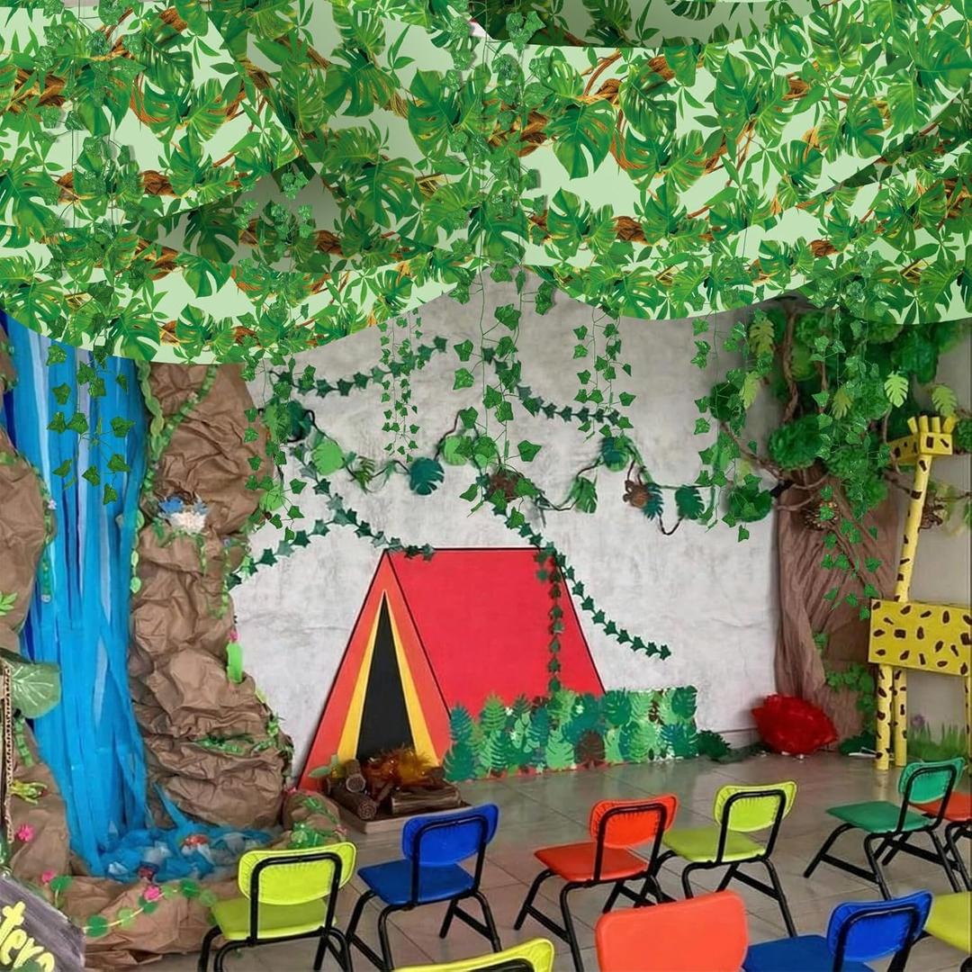 13 Pcs Jungle Theme Ceiling Decor 12x2 ft Palm Printed Fluorescent Light Cover with 10 Artificial Vine Greenery Leaves for Classroom Hawaiian Luau Jungle Rainforest Wedding Birthday Party Decorations