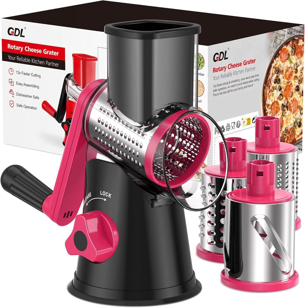 Cheese Grater Rotary, Rotary Grater for Kitchen, Kitchen Vegetable Slicer with 3 Drum Blades, Fast Cutting Cheese Shredder for Vegetables and Nuts (Black+Rosy, 3 BLADES)