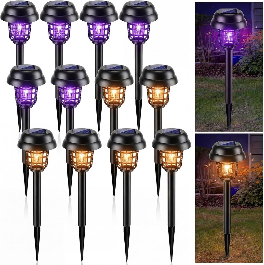 Qualirey 12 Pcs Solar Mosquito Zapper Outdoor Waterproof Solar Powered Bug Zapper Outdoor Mosquito Killer Lamp Trap Repellent Light for Garden Yard Insect (Purple and Warm Light,Black)