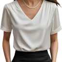 SOLY HUX Women's Satin Blouse Dressy Casual V Neck Short Sleeve Shirts Elegant Office Tops, Large
